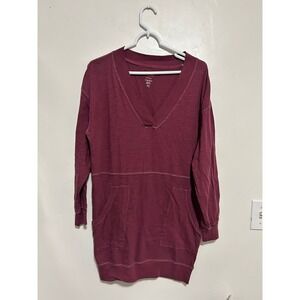 Natural Life Womens Burgundy Slub Cotton V-Neck Tunic Pocket Mini Dress XS